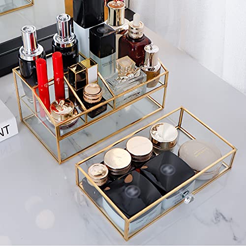 YUEHUA Glass Makeup Organizer, Clear Makeup Brush Organizer Jewelry Display Box, Gold Makeup Nail Polish Lipsticks Eyeliners Holder Organizer for Vanity Bathroom Office