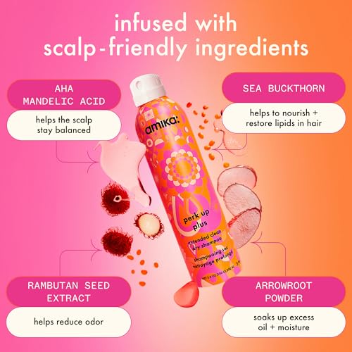 amika perk up plus extended clean dry shampoo | lightweight + buildable, extend time even further between wash days, invisible finish + no white residue, for all hair types