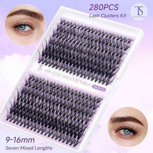 Lash Clusters Kit DIY Eyelash Extension Kit with Bond and Seal 280Pcs Wispy Fluffy Individual Lashes Natural Look D Curl Cluster Lashes 9-16mm Mix Length Reusable False Eyelashes for Beginners