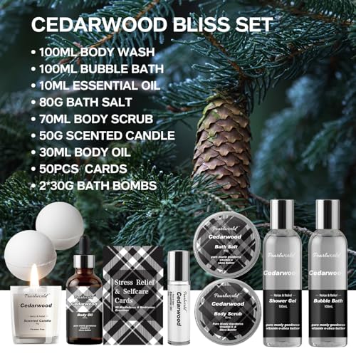 12Pcs Men's Spa Gift Set - Cedarwood Bath & Body Care Kit, Home Spa Set with Natural, Perfect Gifts for Men - Father's Day, Birthday, Valentine's & Christmas