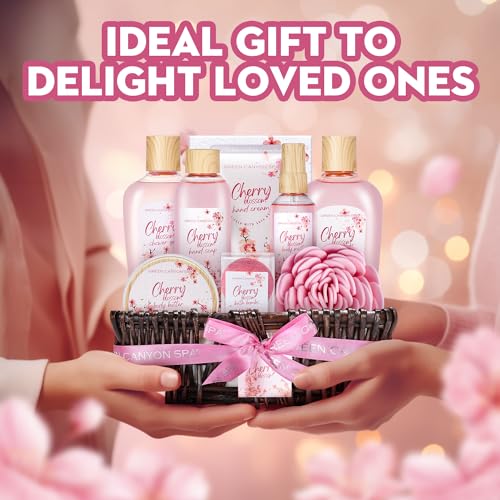 Green Canyon Spa Gifts for Women 11 Pcs Cherry Blossom Spa Gift Baskets Luxurious Birthday Gift for Mom Her Friend Sister Wife Mothers Day Gifts for Her Bath and Body Gift Sets Presents for Her