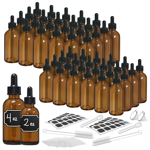 Nevlers 2 & 4 Oz Amber Glass Dropper Bottles w/Shrink Wrap, Funnels, Cleaning Brushes, Label Stickers, & Markers Bundle
