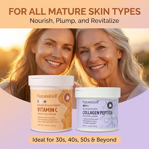NATURE WELL Clinical Vitamin C 16oz & Collagen Peptide 10oz Moisturizing Cream Bundle for Face, Body, & Hands, Plump & Nourish, Brighten & Smooth, Provides Intense Hydration For Dry & Dull Skin