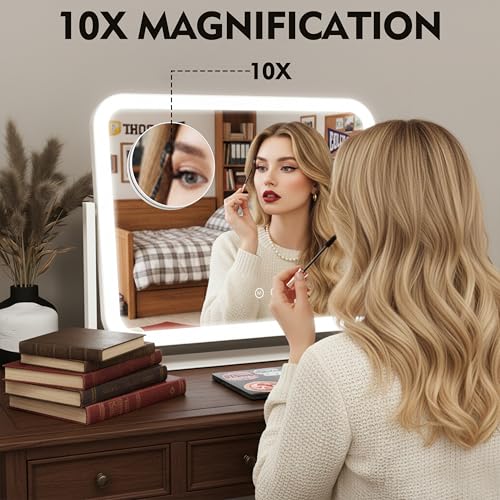 HNV 17"x13" Hollywood Vanity Mirror with Lights, Rounded Makeup Mirror with 10X Magnification, 3 Color Dimmable LED, Smart Touch Control & 360¡Æ Rotation, Shatter-Resistant Tabletop Desk Mirror (White)