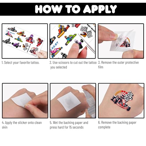 100 PCS Go Kart Car Temporary Tattoos Themed Birthday Party Decorations Favors Supplies Decor Karts Race Car Checkered Flag Racing Tattoo Stickers Gifts For Game Boys Girls Classroom School Prizes