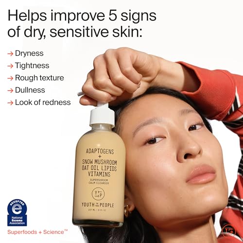 Youth To The People Supershroom Facial Cleanser - Adaptogens + Snow Mushroom Oat Oil Lipids Vitamins Face Wash, Nourishing Makeup Remover for Dry + Sensitive Skin, Soothes Redness