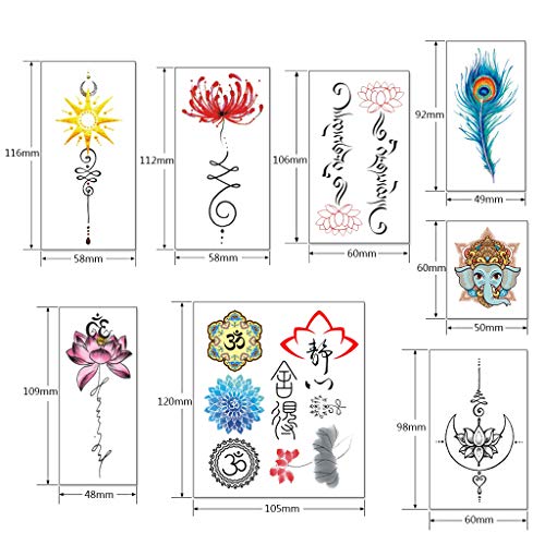 CARGEN Realistic Lotus Temporary Tattoos - 30 Sheets Yoga Style Stickers OM Lycoris Mandala Flower Elephant Moon Peacock Feather Sanskrit Tibetan Meditation Fearless Temporary Fake Tattoo Body Art