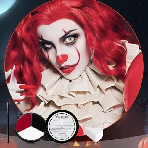 White Black Red Halloween Face Body Paint with 3PCS Sponge and 1PC Brush, for Baseball, Softball Sports(Eye Black) & Halloween (Joker, Clown), Face Painting Kit for Cosplay, SFX Costumes