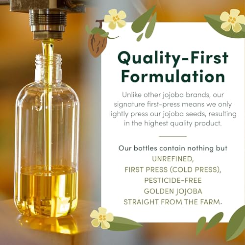 HobaCare Pure Jojoba Oil for Skin Care, Hair, Beard, Scalp Massage - 100% Unrefined Carrier Oil for Diluting Essential Oils - Natural, Hexane Free, Cruelty-Free, Long Shelf Life (16 oz)