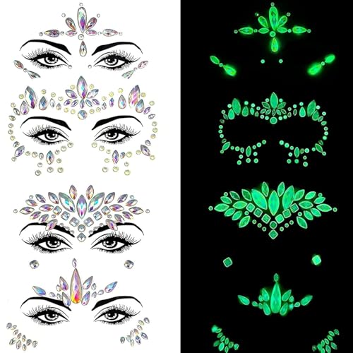 Face Gems Stickers, Glow In The Dark Face Jewels Glitter Stickers Temporary Tattoos Eyes Body Paint Gems For Black Light Neon Uv Music Festival Rave Accessories Concert Graduation Party Makeup