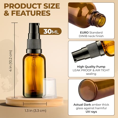 8 Pack Empty Refillable Glass Amber Pump Bottle Ideal for Lotion Cream Essential Oil Travel Small Container, 30ml