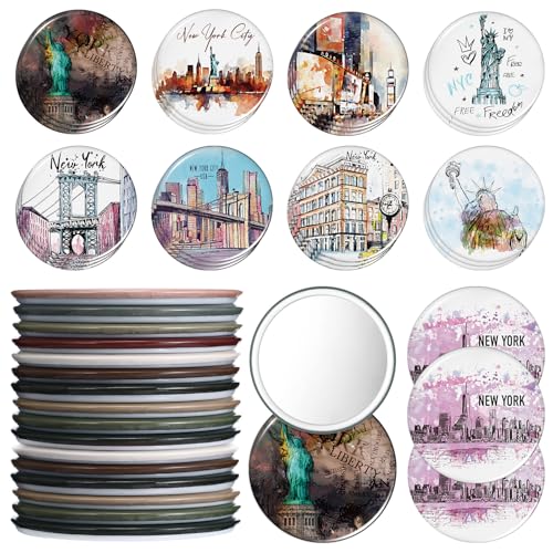 36 Pcs New York Souvenir Gifts for Women NYC Travel Makeup Mirror Bulk Mini Round Pocket Compact Mirror New York Travel Gift for Birthday Party Favors Trip Journey Gifts, 9 Styles