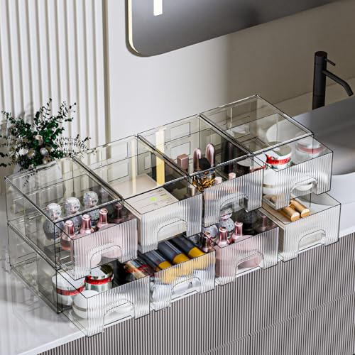 ZHIAI 8 Pack Clear Stackable Storage Drawer, Acrylic Drawer, Cosmetic Organizer, Plastic Organizer for Dresser, Under, Kitchen Cabinet, Pantry, Home Organization and Storage
