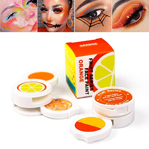 Water Activated Eyeliner Palette with Pressed Chunky Neon Glittee, Water Activated Face Body Paint UV Glow in the Dark Black light, Water Based Graphic Hydra Eyeliners with Cute Fruit Design -Orange