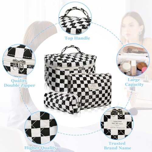 Makeup Bag Set, Quilted Makeup Bag, Large Floral Cosmetic Bag for Women, Cute Cotton Makeup Bags, Flower Travel Toiletry Organizer Bag (Black Checkered)