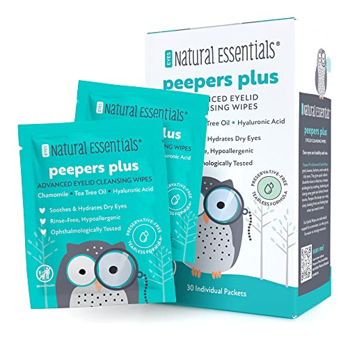 Peepers Plus Eyelid Wipes by Natural Essentials, Preservative-Free & Rinse-Free Eye Wipes for Daily Use, Hydrating & Moisturizing Hyaluronic Acid & Tea Tree Oil Soothes Allergy Dry Eyes, 30 Count