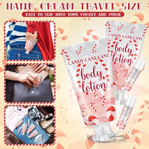 48 Set Christmas Candy Peppermint Cane Lip Balm and Body Lotion Bulk Christmas Hand Cream for Women Peppermint Lip Balm for Women Men Travel Size Body Lotion Gift