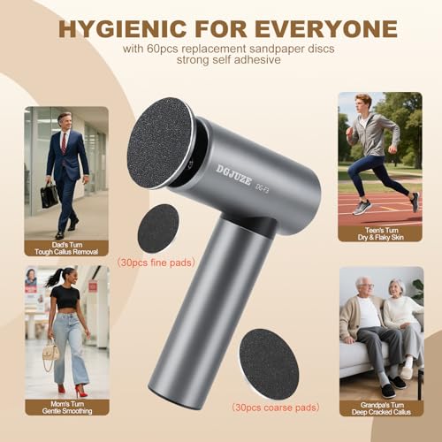 Premium Electric Foot Callus Remover, Ergonomic T-Grip 2600mAh Rechargeable 3-Speeds All Metal Foot File for Dead Skin Cracked Heels Pedicure kit at Home with 60pcs Sandpaper Pads