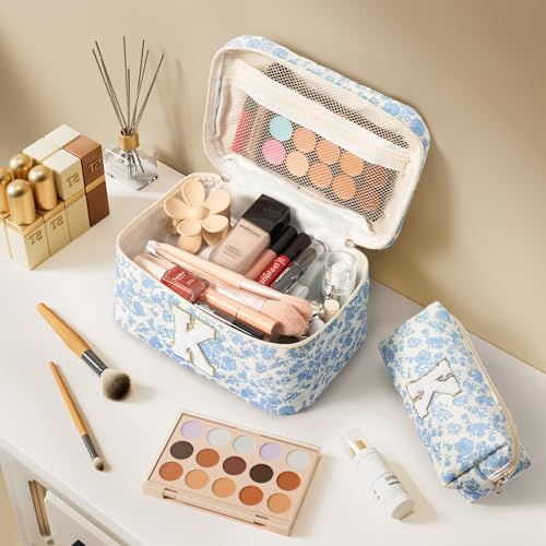 Birthday Gifts for Teen Girl Women, Personalized Initial Makeup Bag Quilted Cosmetic Bag Make Up Bags Travel Toiletry Bags Teen Girl Gifts Trendy Stuff Mothers Day Gift for Wife Mom Daughter Friends