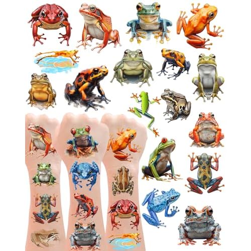 Frog Temporary Tattoos, 188 PCS 20 Sheets, Hypoallergenic, Hyper-Realistic Design, Frog Party Tattoos Stickers Themed Gifts for Leap Frogs Enthusiasts