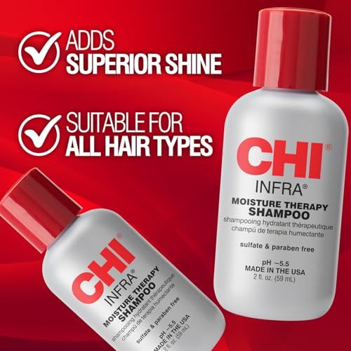 CHI Infra Shampoo, Gently Cleanses Scalp & Hair, Hydrating & Nourishing For All Hair Types, Designed for Heat Damaged Hair, Sulfate, Paraben, & Cruelty-Free, 2 Oz
