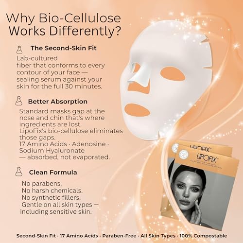 Bio-Cellulose Anti-Aging Face Mask ? Hydrating & Lifting Sheet Mask with 17 Amino Acids, Collagen Boosting, Wrinkle Reducing Spa Treatment for All Skin Types ? 5 Pack
