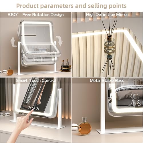 Vanity Mirror with Lights,13.1"¡¿16.7"LED Makeup Mirror,Lighted Makeup Mirror with Lights, Smart Touch Control Dimmable 3 Modes Light, Lighted Up Mirror for Makeup Desk, Bedroom, Dressing Room