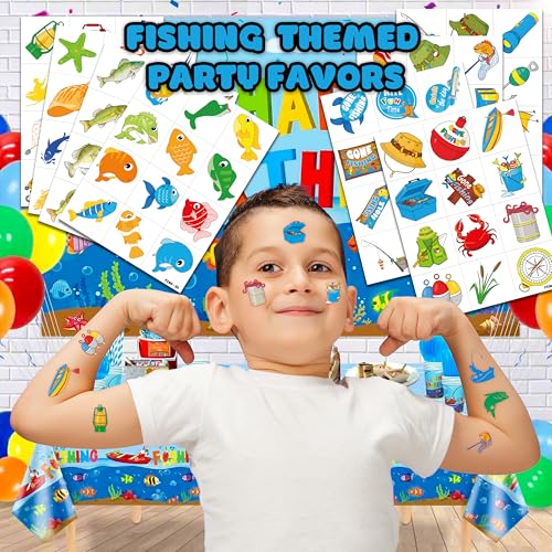 96 PCS Gone Fishing Fish Pre-Cut Temporary Tattoos for Kids | Super Cute First Themed Birthday Party Favors, Supplies, Decorations, Fake Tattoo Stickers, School Rewards Prizes & Gifts Boys & Girls