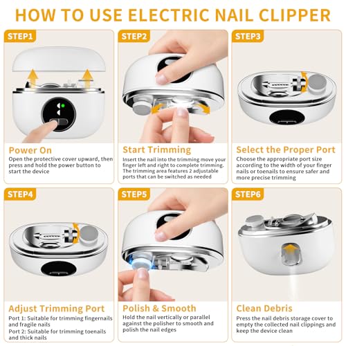 2026 Upgraded 3-in-1 Electric Nail Clipper File & Toenails, Rechargeable Electric Nail File, 6 Speeds with LED Light & Nail Debris Storage, Suitable for Children, Adults, Elderly for Thick Nails