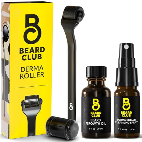 The Beard Club Derma Roller, Beard Growth Oil & Cleansing Spray for Face, Body and Scalp Microneedling Roller for Men and Women with 540 Titanium Microneedles - Beard Roller for Hair & Beard