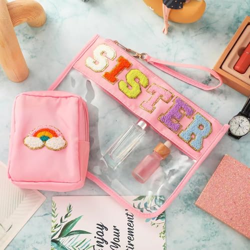 2 Pcs Big Sister Gifts Cosmetic Makeup Bag with Chenille Letter Patch,with Handles PVC Waterproof Clear Makeup Bag,Portable Toiletry Storage Bag