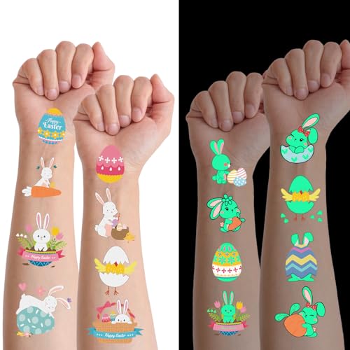 80 PCS (10 Sheets) Luminous Easter Temporary Tattoos for Kids, Basket Stuffers Bulk, Glow Easter Decorations Party Favors Supplies Essentials, Easter Games for Toddlers Boys Girls