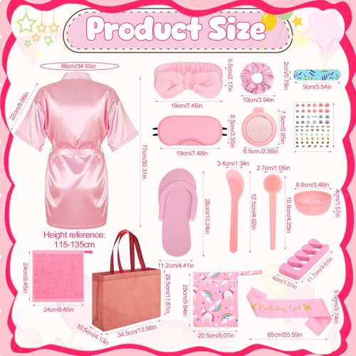 6 Set Girls Spa Party Supplies Kit 83 PCS Includes Satin Robes Headbands Slippers Nail Kit Masks Towel Brush Set for Birthday Sleepover Pink, Hot Pink Birthday Theme