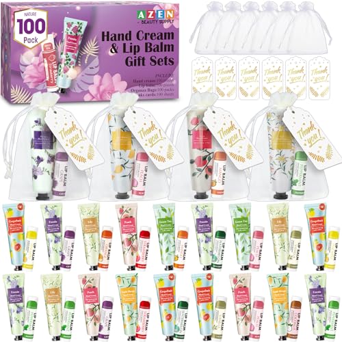 AZEN 100 Sets Bulk Gifts, Hand Cream and Lip Balm Bulk Set with Organza Bag Thank You Card, Baby Shower Wedding Gifts for Guests, Bridal Wedding Favors, Valentines Gift for Women