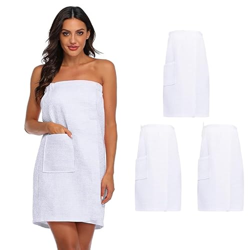 3 Pack Waffle Robes Knit Spa Towel Wrap for Women Adjustable Velcro Closure Quick Dry Bath Wrap with Pockets