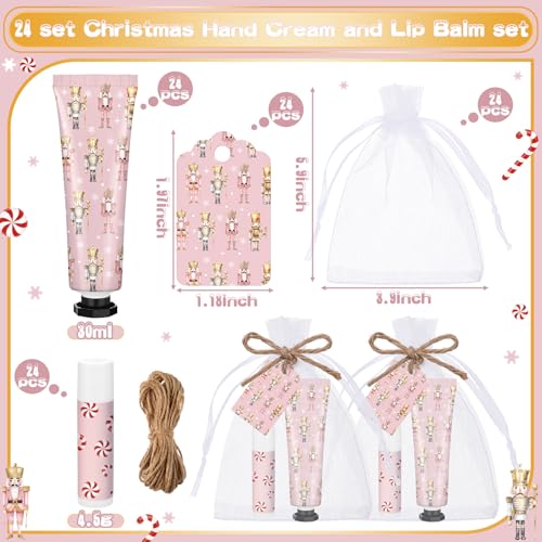 24 Sets Christmas Pink Nutcracker Hand Cream and Candy Lip Balm Gift Christmas Party Favors Travel Size Hand Lotion and Lip Balm Bulk Wedding Bridal Baby Shower Party Supplies for Guest