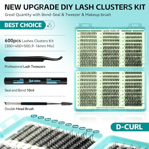 600 Pcs Wispy Lash Clusters Kit, D Curl Lashes Clusters Natural Look 9-16mm Individual Super Thin Band DIY Cluster Eyelash Extensions Kit with Bond Seal Tweezers Brush (30D 40D 50D Mix)