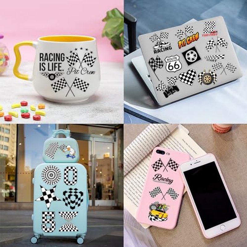 96 PCS Funny Race Car Checkered Flag Pre-Cut Black and White Temporary Tattoos Sticker Birthday Party Decorations Supplies Favors Gifts Boys Girls Men Cute Racing Fake Tattoo School Prizes (Normal)