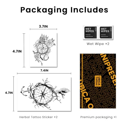 Semi Permanent Tattoos, 2 Sheets Large Realistic Compass Bird Anchor Rose Temporary Tattoos for Women Men Couple, 2 Weeks Wrist Arm Calf Fake Tattoos, Waterproof & Non-Reflective