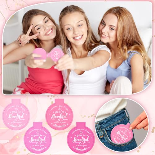 100 Pcs 2.76 Inch Inspirational Compact Mirror Bulk Women Small Gifts Graduation Party Favors Purse Mirror Pocket Mini Stuffer Items for Adult Coworker Cheerleader Employee (Pink Series)