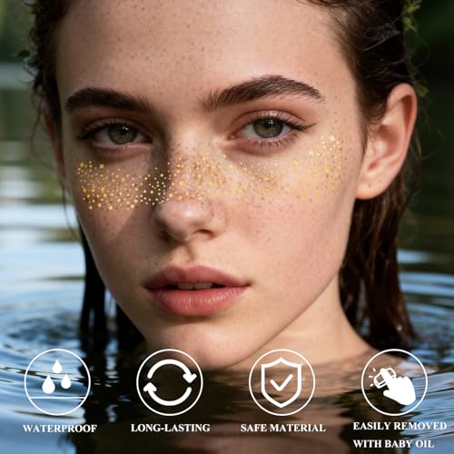 20PCS Glitter Freckles Face Tattoos Sparkle Freckle Makeup Patches Gold Temporary Face Tattoos Long Lasting Glitter Freckles for Women