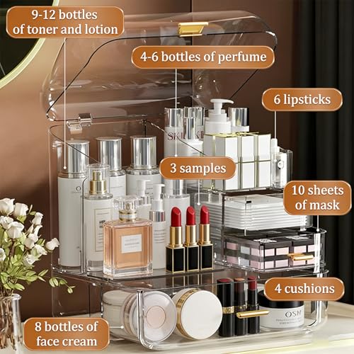 Luxury Makeup Organizer with 3 Drawers & Dustproof Flip Lid, Large Capacity Cosmetic Display Case for Vanity, Clear Countertop Skincare Storage with 6 Lipstick Slots