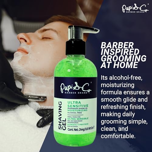 Papi & Co. Shave Gel Men ? Sensitive Skin Shaving Gel with Brazilian Mint Oil ? Clear Non-Foaming Formula for Beard and Mustache ? Moisturizing Barber Grooming Skincare, Alcohol-Free ? 8.6oz