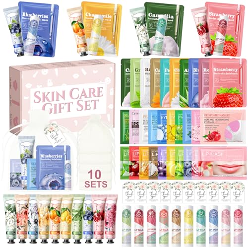 JAOJAO 70PCS Spa Party Favors, Spa Party Supplies for Women Include Hand Cream Lip Balm Face Masks Under Eye Patches Lip Mask Organza Bag Thank You Card Used for Women Girlfriend Wife Mother Teacher