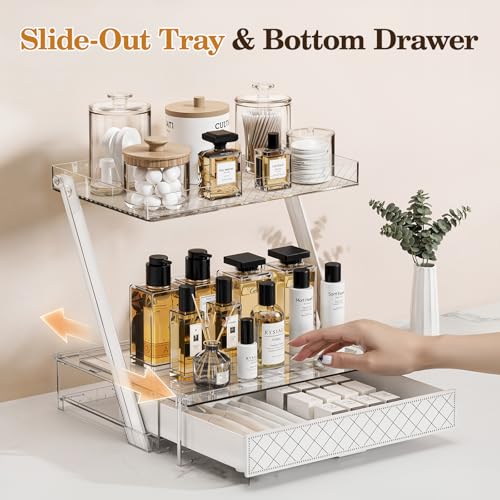 3-Tier Bathroom Countertop Makeup Organizer - Tall Big Make Up Storage with Slide-Out Tray & Bottom Drawer, Transparent Acrylic for Cosmetics Brushes Lipsticks Skincare