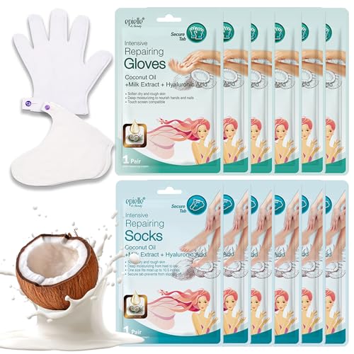 Epielle Intensive Repairing Hand & Foot Masks, Restore and Moisturize Dry, Cracked Skin, Self Care Gifts for Women, Spa Kit, Stocking Stuffers, 6 Moisturizing Gloves & 6 Moisturizing Socks
