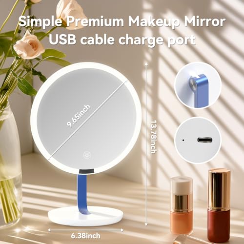 9.65-inch Lighting Makeup Mirror, 1x / 10x,Touch Control,3-Color Adjustable,Metal Stand,up and Down Adjustable Makeup Mirror, High Color Rendering, Eye-Protecting Light Source,Ultramarine