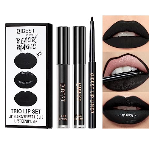 3Pcs Black Matte Liquid Lipstick,Lip Liner,Lip Gloss Trio Lip Set Waterproof Long-Lasting Moisturizing Velvety Lip Stain One Step Lips Makeup Kits Goth Makeup