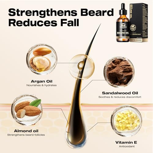 Waking Forest Beard Growth Oil - Biotin Sandalwood Oil with Vitamin E, Rosemary & Castor for Thicker, Softer, Stronger Beards (2oz)