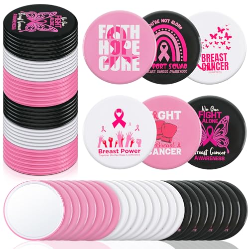 Soaoo 60 Pcs Breast Cancer Awareness Gifts for Women Pink Ribbon Pocket Mirror Bulk Round Portable Compact Mirror 2.68 Inch Makeup Mini Mirror Breast Cancer Awareness Accessories for Women